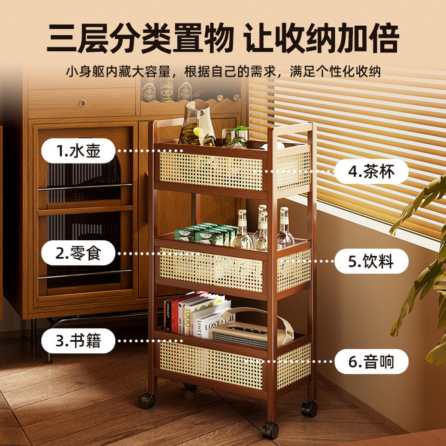 沙发边零食柜客厅边几宿舍可移动收纳小推车茶几床头大容量置物架