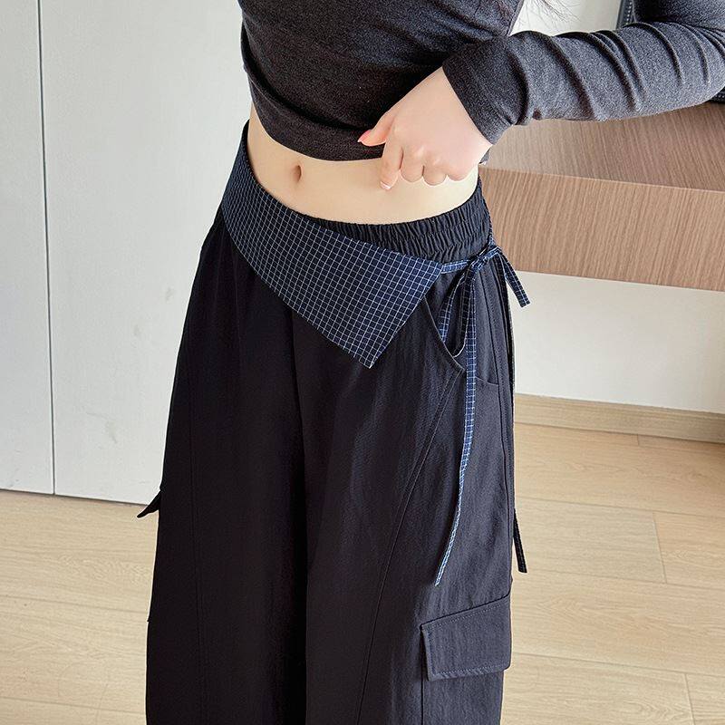 带屁帘裤子夏天女薄款爵士舞跳舞高腰阔腿休闲裤微喇带腰帘瑜伽裤