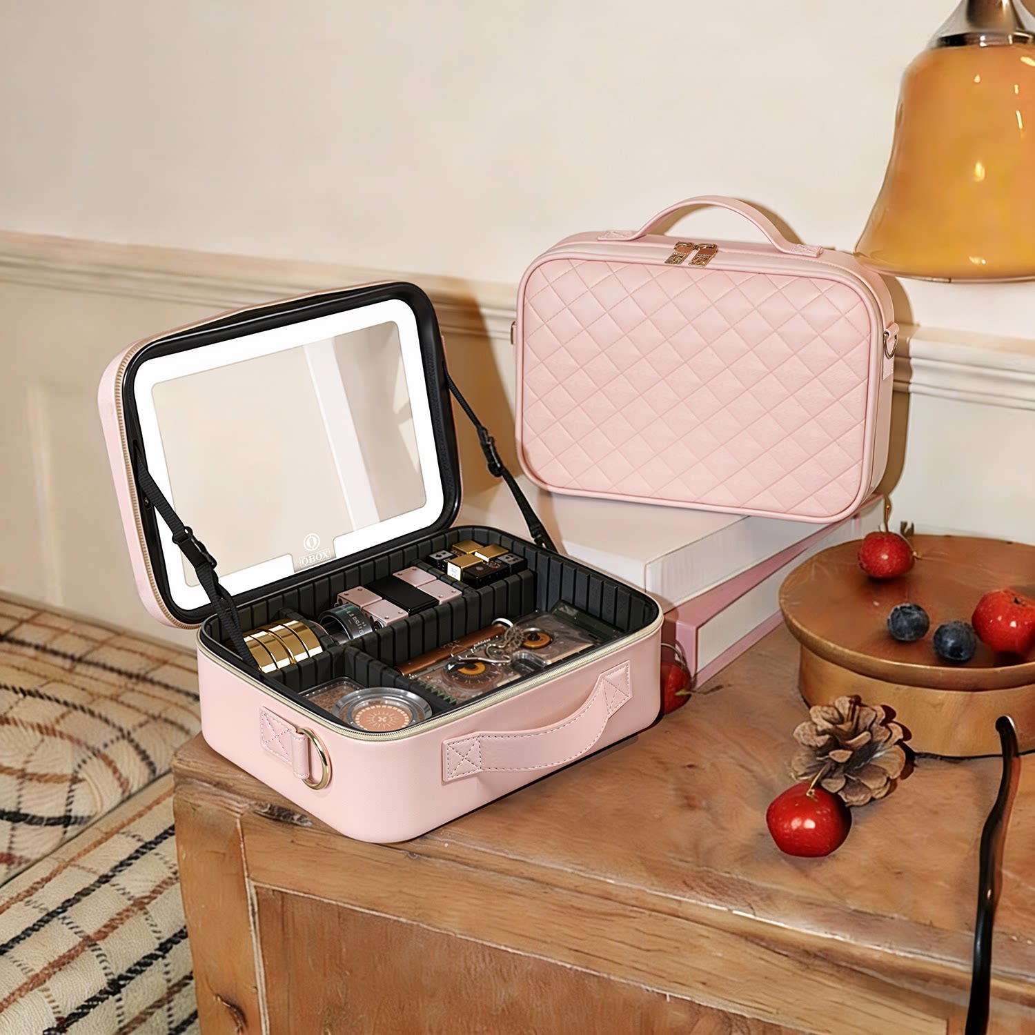 化妆包带镜子送礼ins风带LED灯便携时尚高级感外出化妆品收纳盒