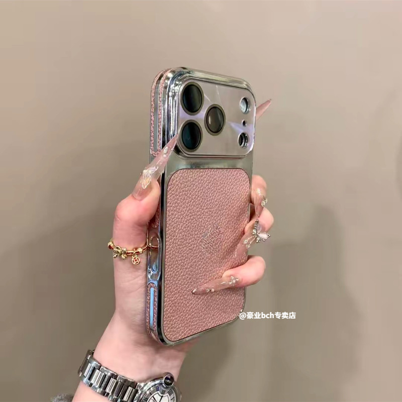 荔枝皮纹大视窗CD纹适用苹果17promax手机壳新款iPhone16pro轻奢电镀贴皮15pro带镜头膜14全包防摔13保护套女