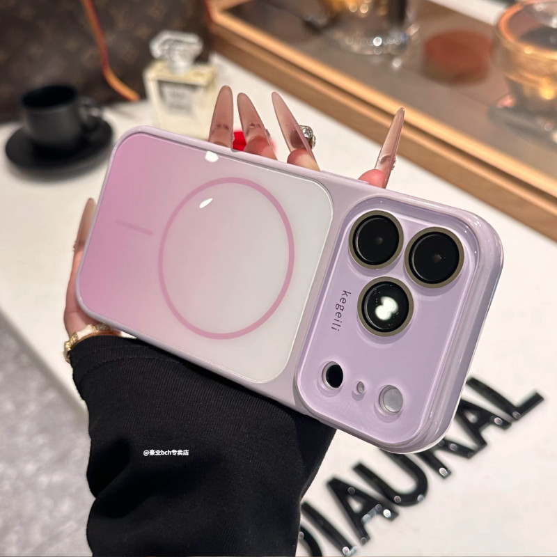 高颜值渐变撞色紫磁吸玻璃适用苹果18promax手机壳新款iPhone17pro带镜头膜16pm轻奢15全包14防摔13保护套女