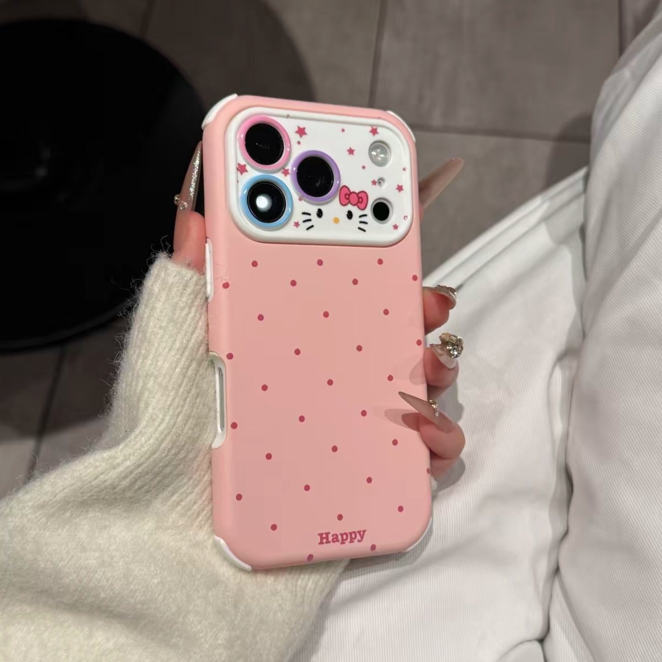 高颜值波点猫咪镜头框适用iPhone17promax手机壳新款苹果17pro四角防摔撞色16pro网红全包15简约14保护套女13