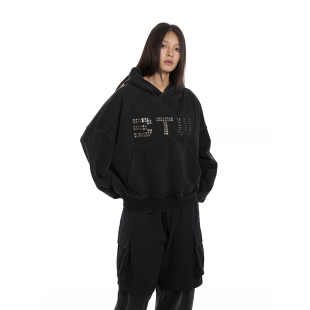 BTW牛仔钉拼接连帽卫衣春秋短款 潮牌重磅宽松水洗做旧情侣帽衫