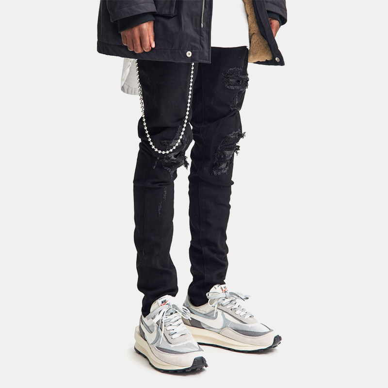 BTW秋季欧美嘻哈下装修身长裤男潮流破洞补丁拼接机车高街牛仔裤