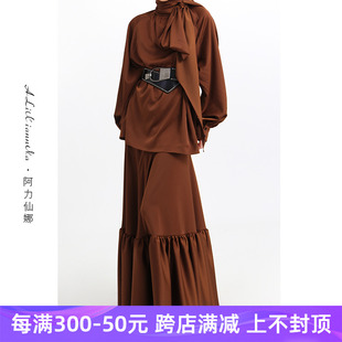 女 阿力仙娜2024初春时髦复古风层叠半裙飘带上衣 设计感气质套装