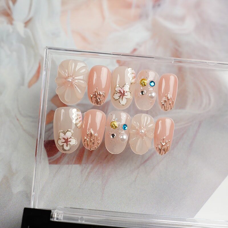 手工穿戴甲短杏仁手绘小花日式拉花光疗美甲成品指甲贴片可拆卸