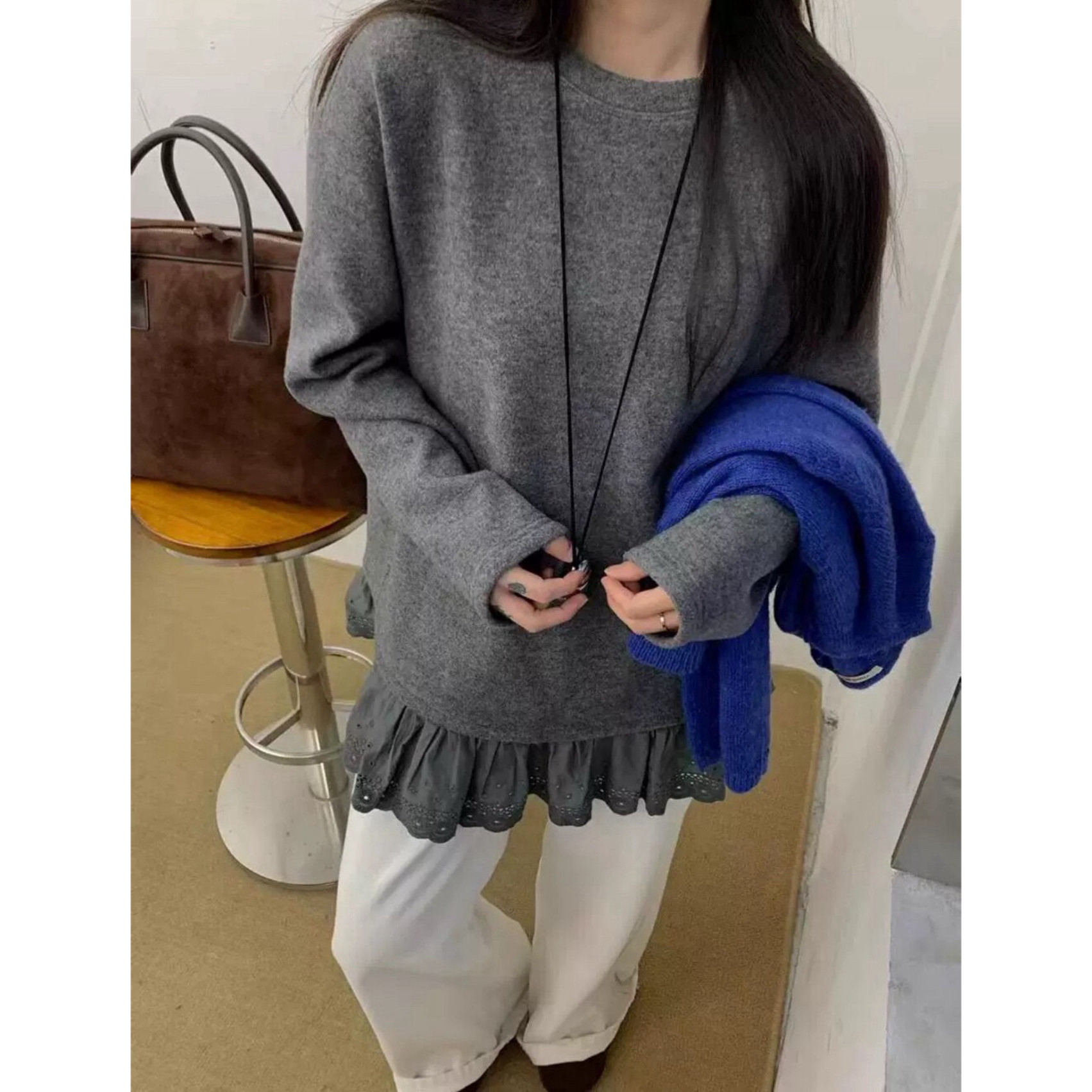 SooPri 韩系定染蕾丝花边拼接加厚加绒卫衣女冬新款宽松百搭上衣