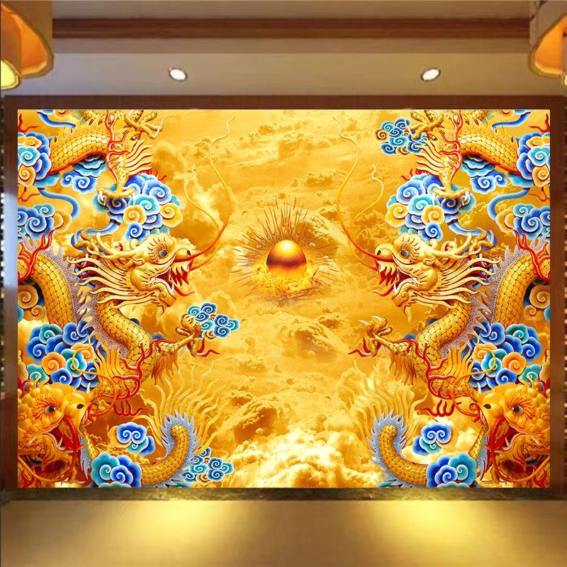 双龙戏珠佛堂背景布招财风水画龙图挂画寺庙宇海报自粘壁画装饰画