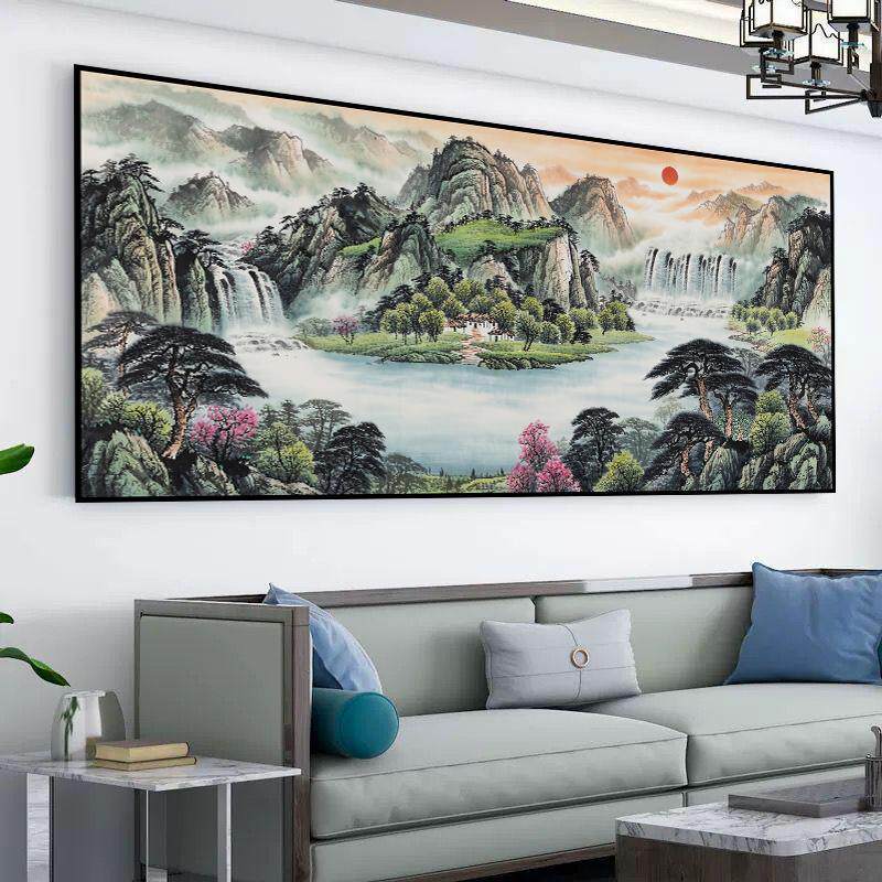 旭日东升聚宝盆办公室字画中式山水客厅国画沙发背景墙纸墙贴壁画