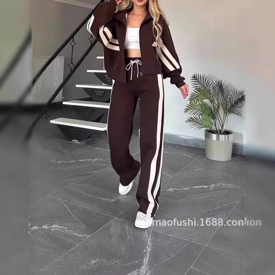 2024欧美跨境亚马逊秋季外贸Y2K条纹拉链上衣外套休闲运动套装女