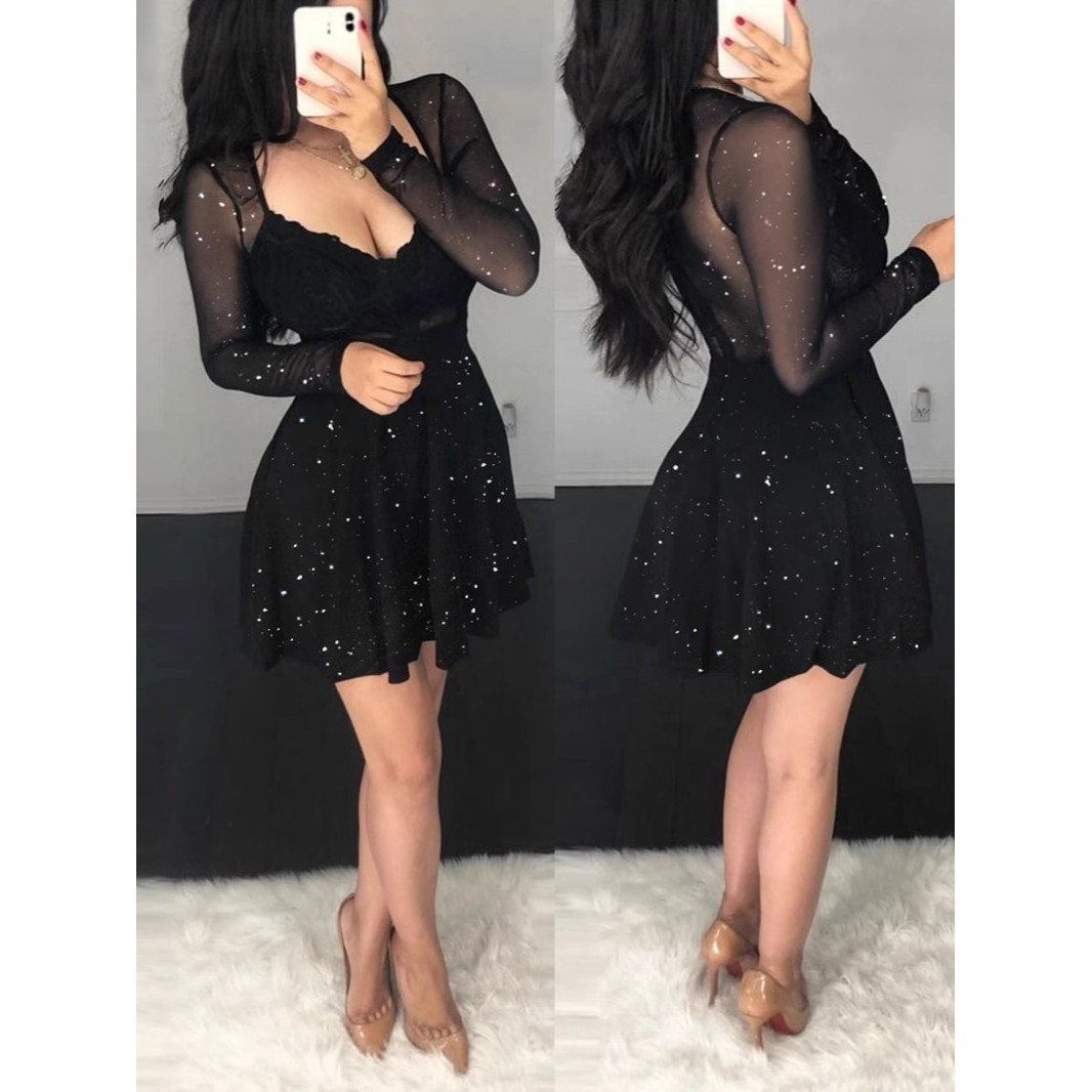 跨境新品亚马逊欧美秋装性感v领包臀不规则短裙亮片连衣裙礼服