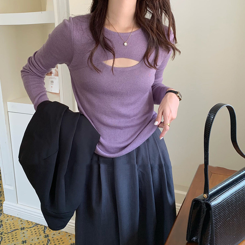 初秋女士设计感小众小心机长袖打底衫2022新款女针织圆领长袖上衣