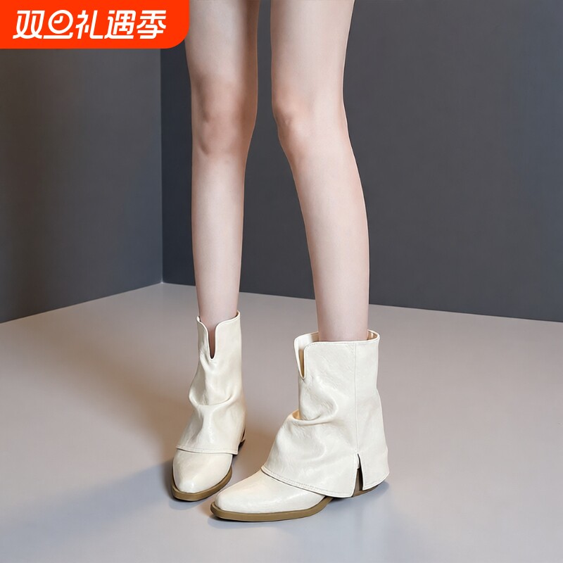 白色粗跟短靴女2025新款高跟瘦瘦靴尖头堆堆靴裤管夏款巨好看靴子