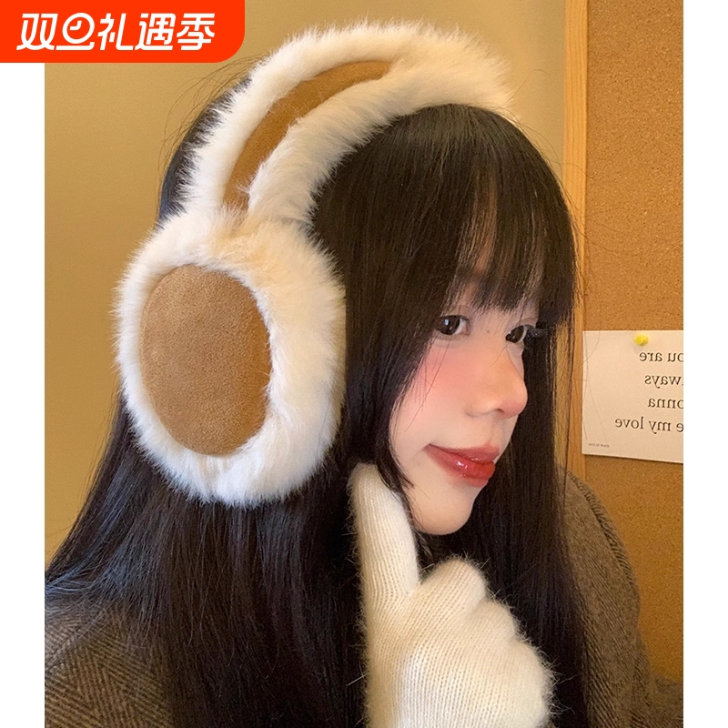 麂皮绒毛绒耳罩女冬季2025新款加绒保暖耳套耳包耳暖白色可折叠