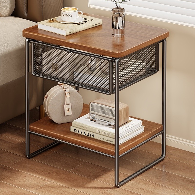 轻奢复古多功能床头柜家用分层带抽屉收纳卧室简易小型置物架铁艺