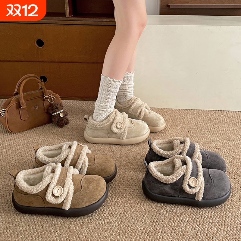 魔术贴加绒保暖棉鞋女2025冬季新款百搭平底羊羔毛勃肯鞋防水白色
