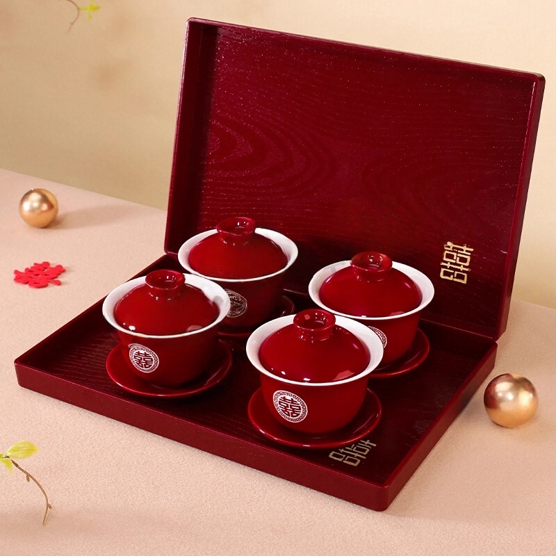 敬茶杯喜碗喜杯茶具陪嫁结婚红碗对碗筷套装新人改口杯茶碗新婚