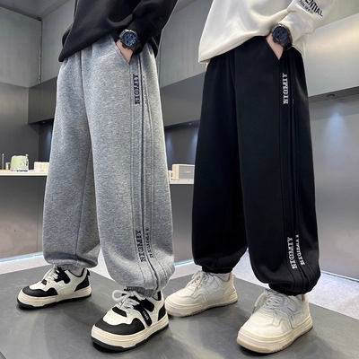 男童加绒裤子秋冬款2025儿童冬季一体绒运动裤中大童加厚卫裤黑色