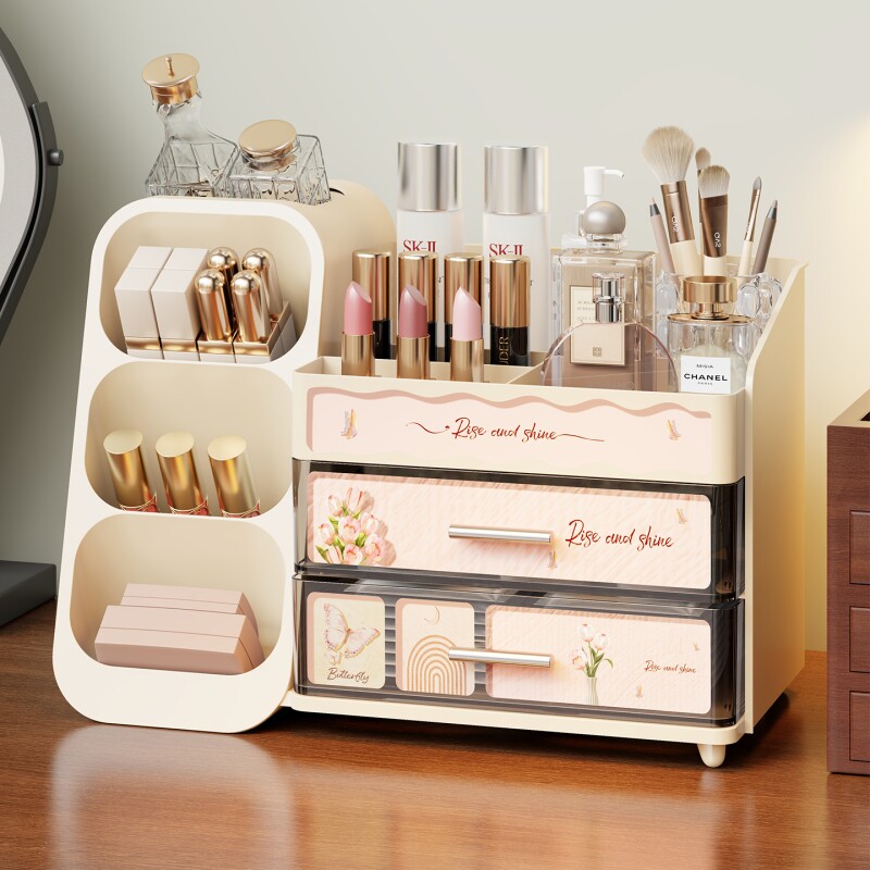 风化妆品收纳盒桌面抽屉式多层整理盒梳妆台多功能放置架置物复古
