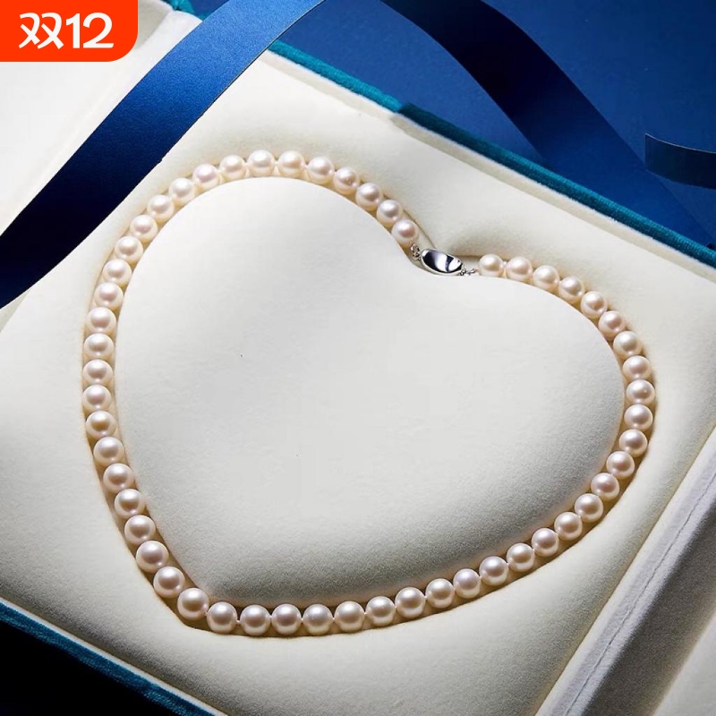 诸暨淡水珍珠项链时尚强光元宝扣妈妈链轻奢近圆全珠链礼物正圆