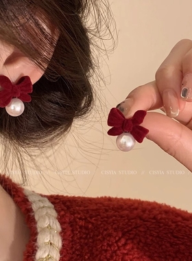 圣诞新年红色蝴蝶结珍珠纯银耳环小众高级感新款女轻奢耳钉秋冬