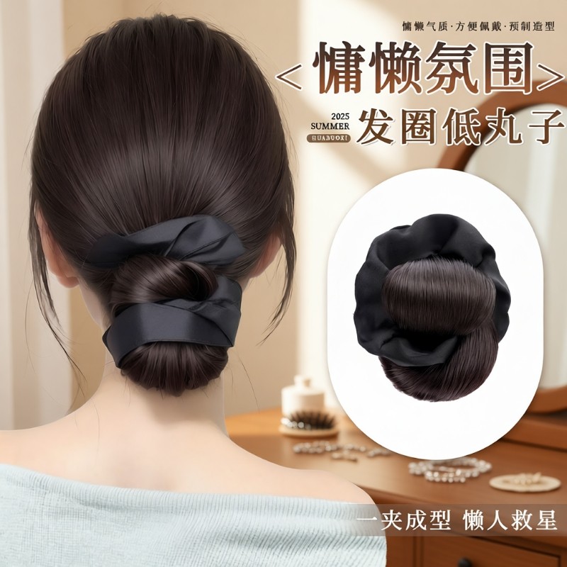 低扎丸子头假发抓夹女盘发发包花苞头后脑勺发圈真发短发发量少