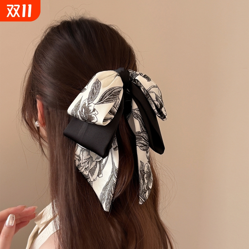 时尚国风水墨印花蝴蝶结缎面马尾夹古风半扎抓夹高颜值新中式发夹