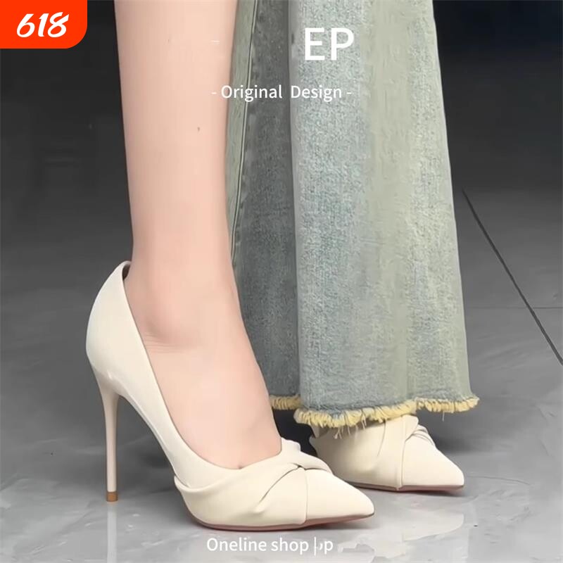 2026秋季淑女风褶皱米色浅口高跟鞋优雅气质名媛尖头礼服细跟单鞋