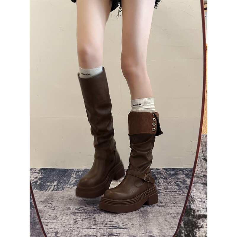 棕色英伦风粗跟厚底长筒靴女2025新款秋冬季显瘦长靴骑士靴子高筒