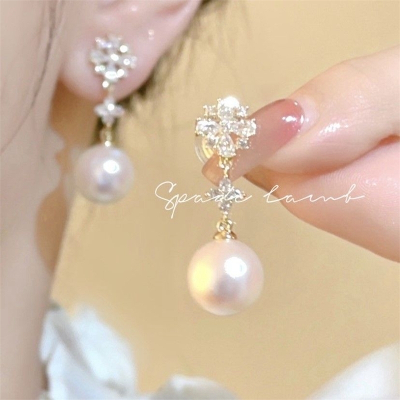 「奶霜山茶」温柔小香风花朵珍珠流苏无耳洞蚊香盘耳夹法式耳环女