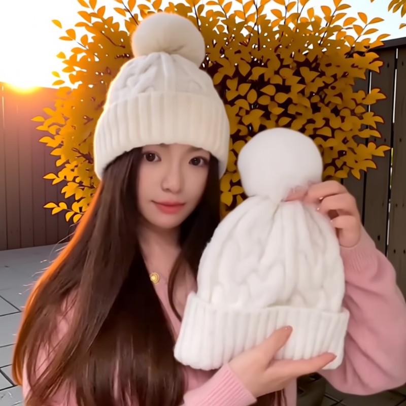 麻花毛线针织帽子女冬季保暖加绒加厚百搭套头帽防风护耳包头冷帽
