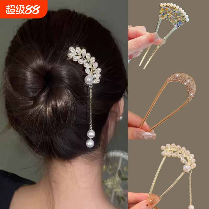 新款复古设计感彩绘发钗高档发簪珍珠发饰盘发器后脑勺新中式