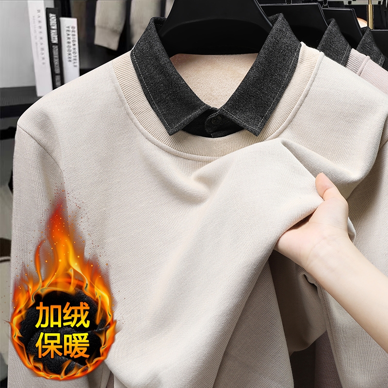 2025新款假两件衬衫领毛衣秋冬季爸爸装加绒加厚翻领保暖针织衫