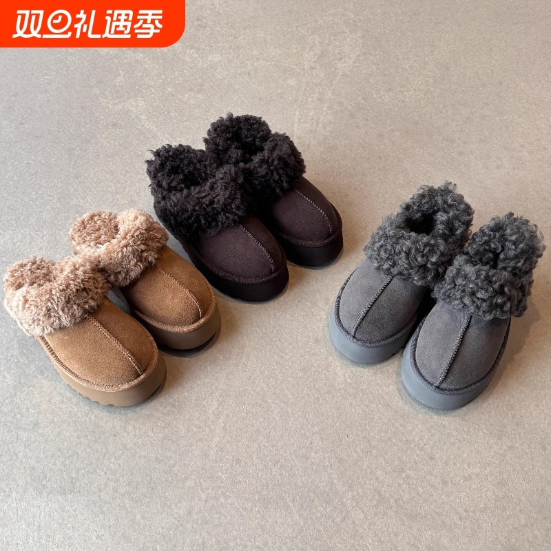 软皮版~新款时髦百搭冬季雪地靴女圆头厚底小个子防滑后绊带棉鞋