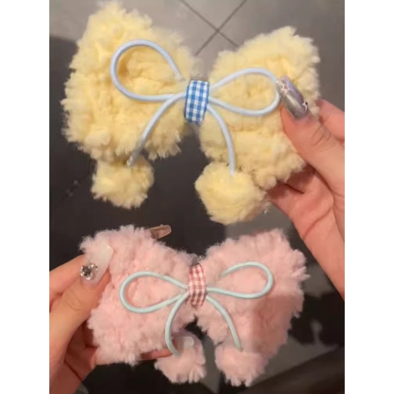 可爱奶油色柔软羊羔毛蝴蝶结球球发夹少女毛绒绒鸭嘴夹甜美发卡子