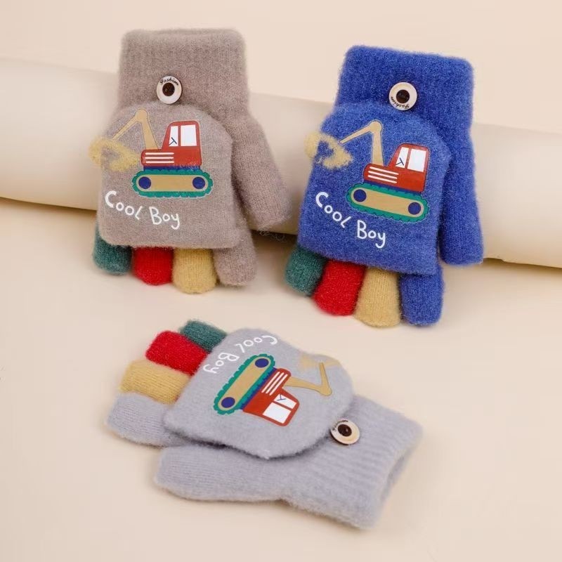 儿童手套秋冬保暖小男孩卡通可爱挖掘机半指翻盖两用写字针织毛线
