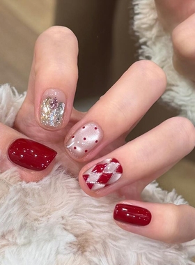 圣诞穿戴甲红色猫眼显白高级ins感学生美甲烟花中长款蝴蝶结带钻