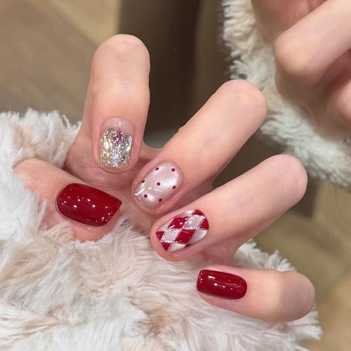 新年款圣诞穿戴甲红色猫眼显白ins感学生美甲中长款蝴蝶结波点