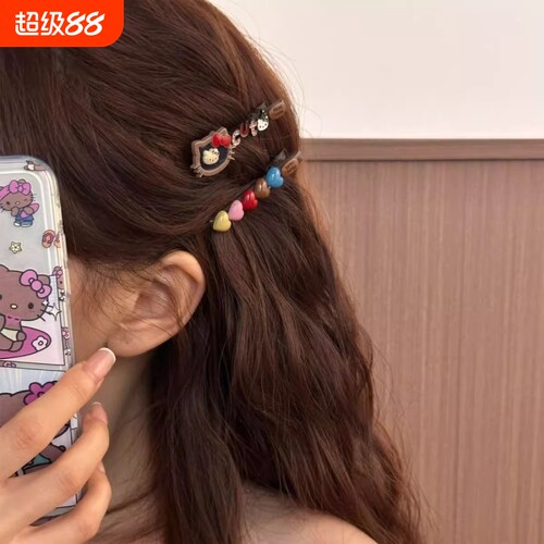 撞色AB款爱心发夹复古彩色多巴胺kt猫女侧边夹刘海夹子发卡发饰
