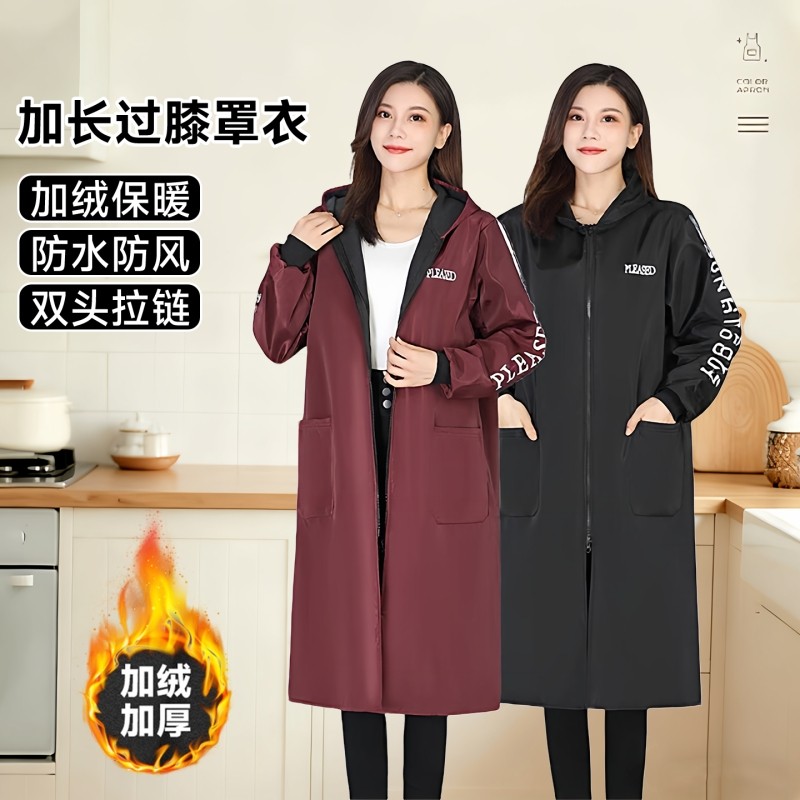加绒罩衣女过膝加长款套羽绒服防水防油围裙冬季工作服可外穿新型