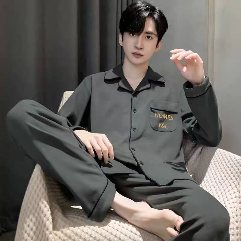 男士睡衣男款纯棉长袖全棉套装夏季外穿青中年春秋款家居高级黑色