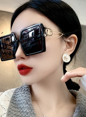 欧美超大框黑色墨镜女大脸网红方形厚框太阳镜摩登街拍凹造型眼镜