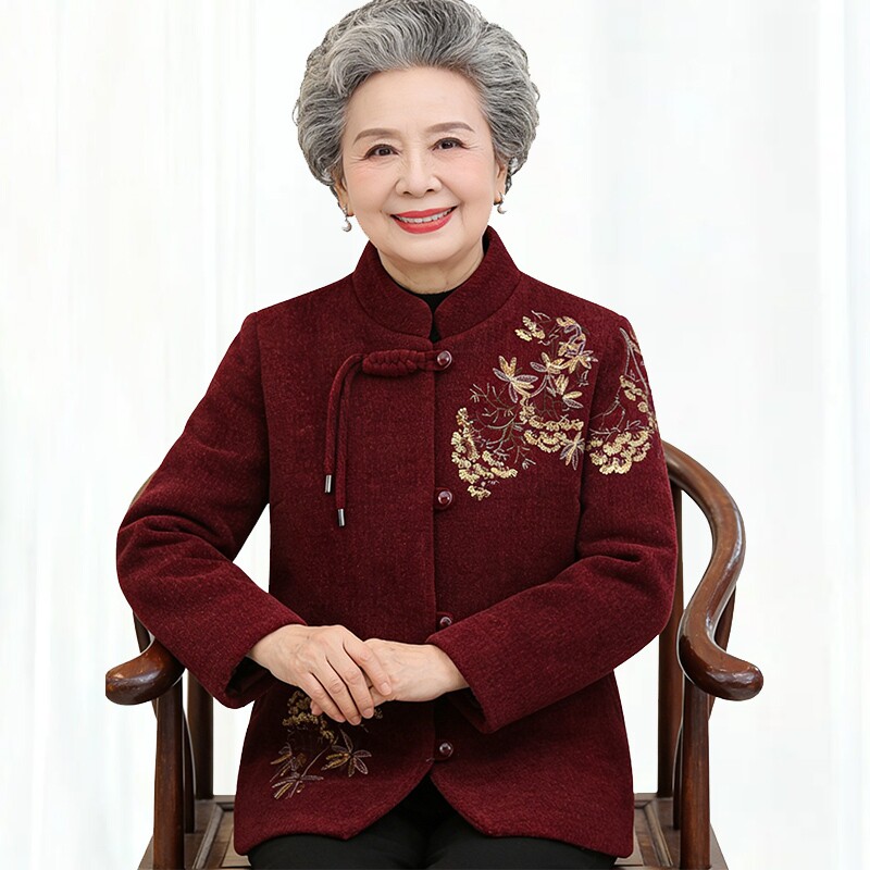中老年人奶奶冬装红色加绒加厚外套老人老太太喜庆衣服开衫春秋