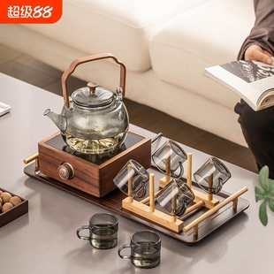 家用玻璃煮茶壶电磁炉蒸煮一体烧水壶 胡桃木电陶炉煮茶器茶具套装