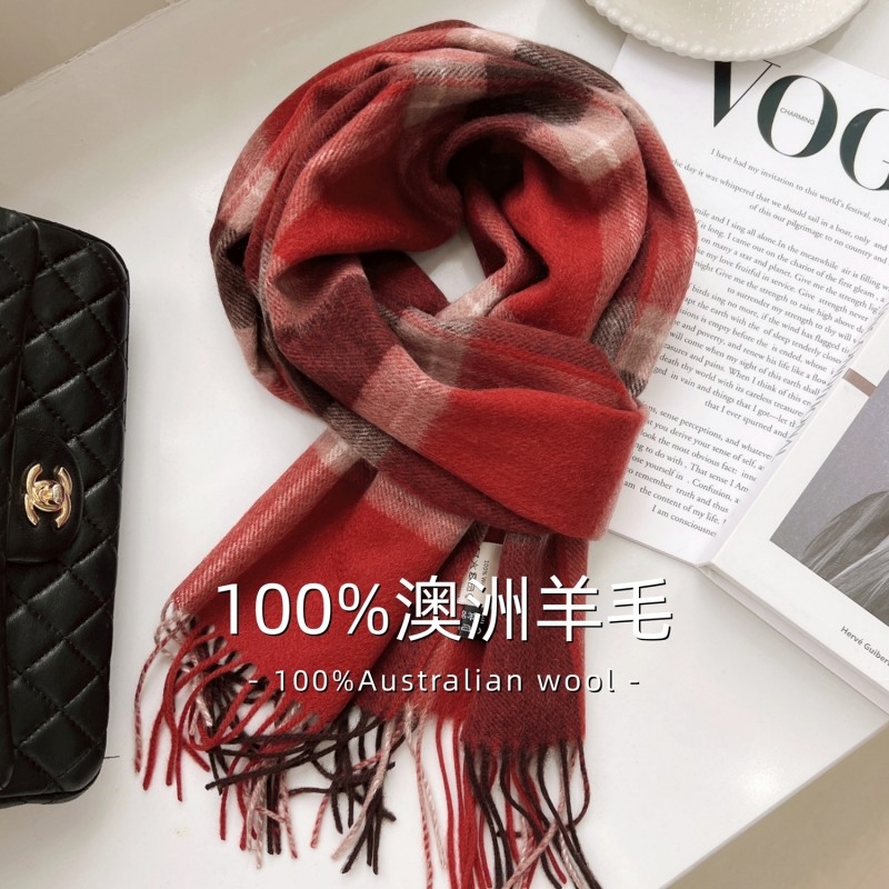 100%澳洲纯羊毛红色格子围巾2024新款男女学生冬季生日礼物秋