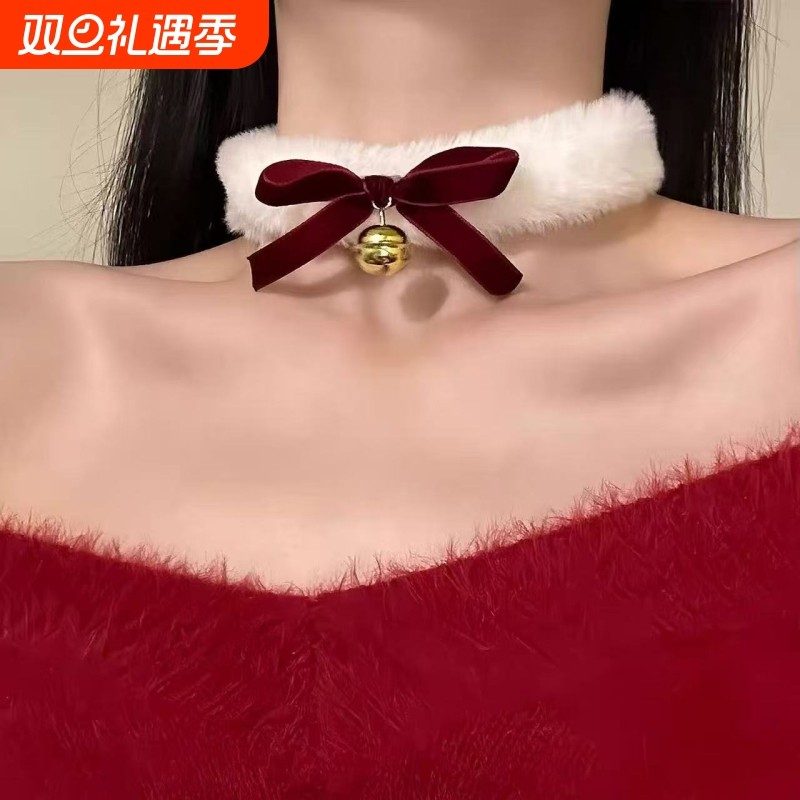 圣诞节新年酒红色choker项圈女秋冬毛绒颈链氛围感红色项链