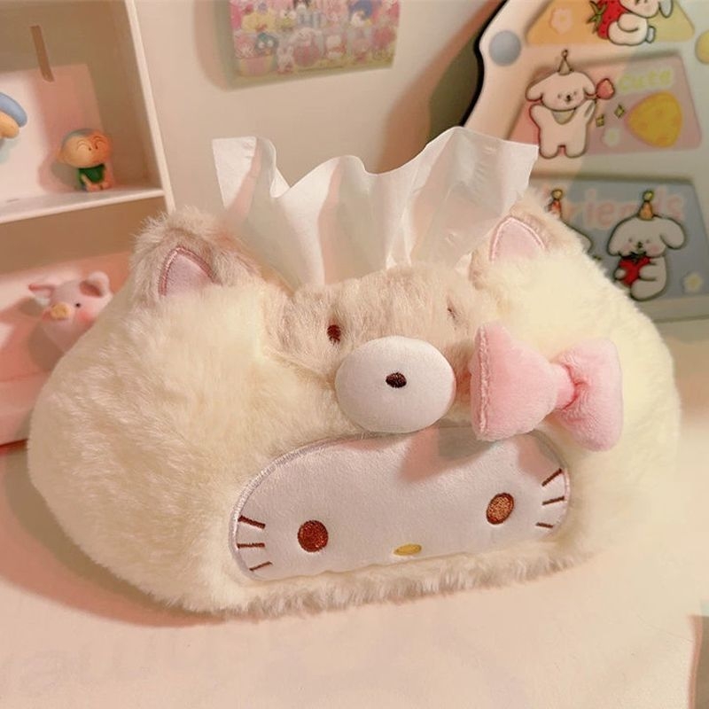 可爱kitty纸巾盒卡通毛绒抽纸盒家用客厅卧室车载纸巾收纳袋