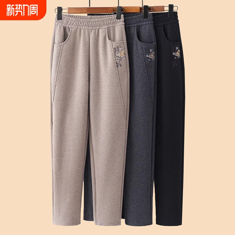 妈妈裤子春款中老年加绒女裤春秋冬季奶奶裤加厚老年人松紧腰绣花