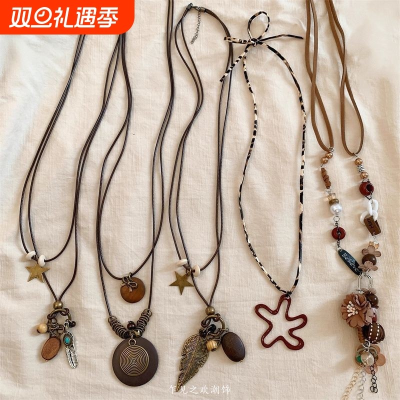 民族风新中式古铜圆盘叠戴项链女波西米亚风长款毛衣链挂脖配饰