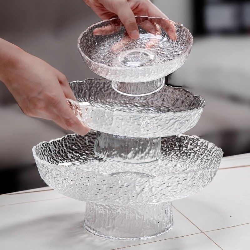 新冰露玻璃网红水果盘日式高脚家用客厅茶几轻奢零食糖果果篮甜品